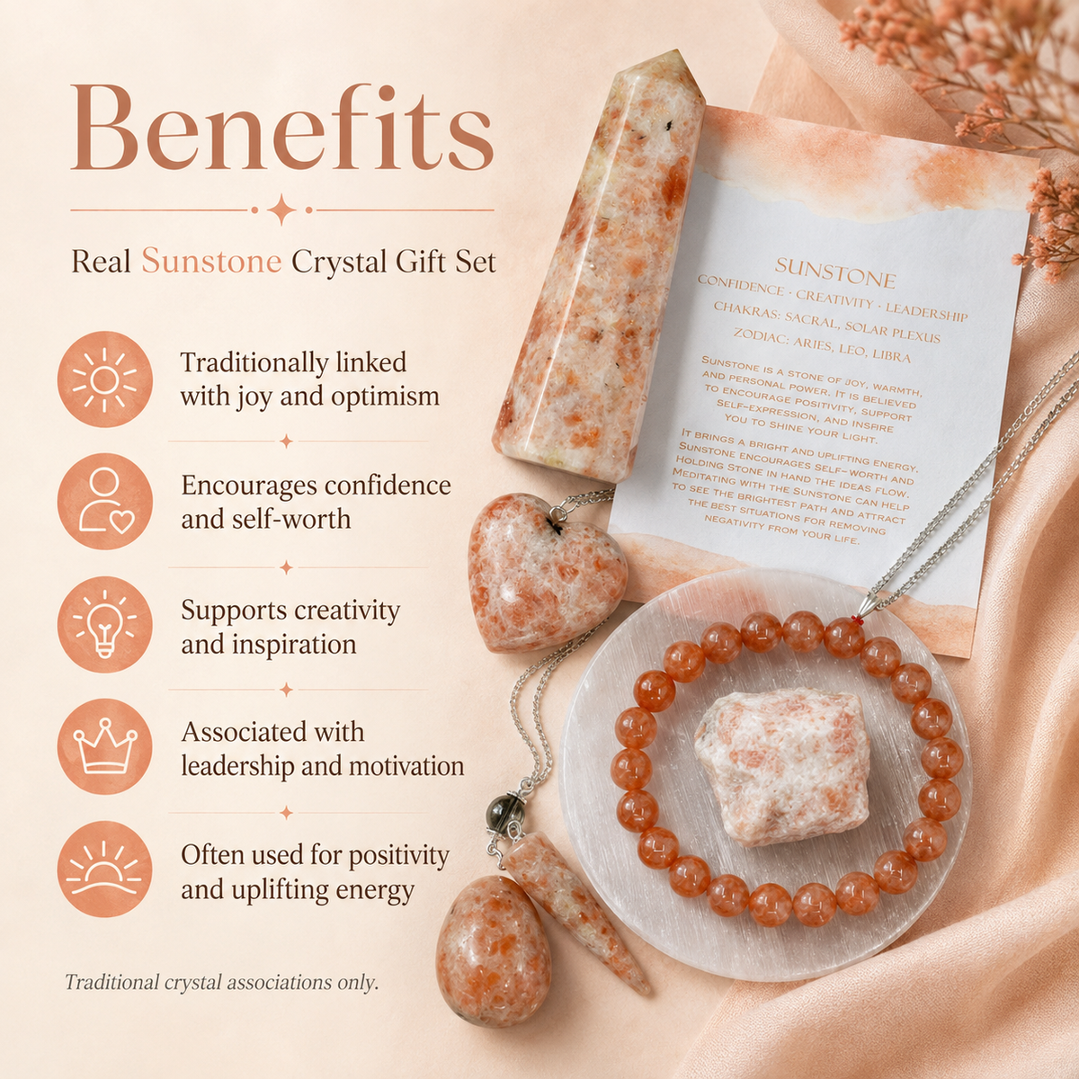 Sunstone Crystal Gift Set For Emotional Support and Protection, Real Polished Gemstones.  DestGlow