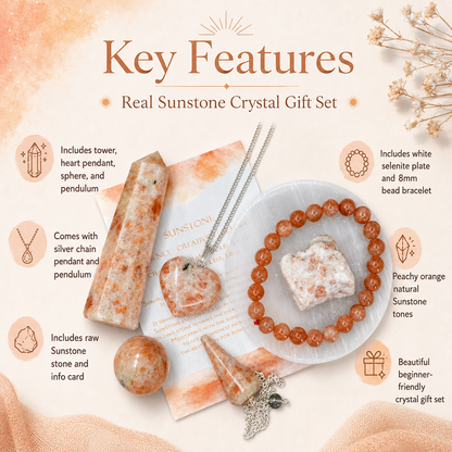 Sunstone Crystal Gift Set For Emotional Support and Protection, Real Polished Gemstones.  DestGlow