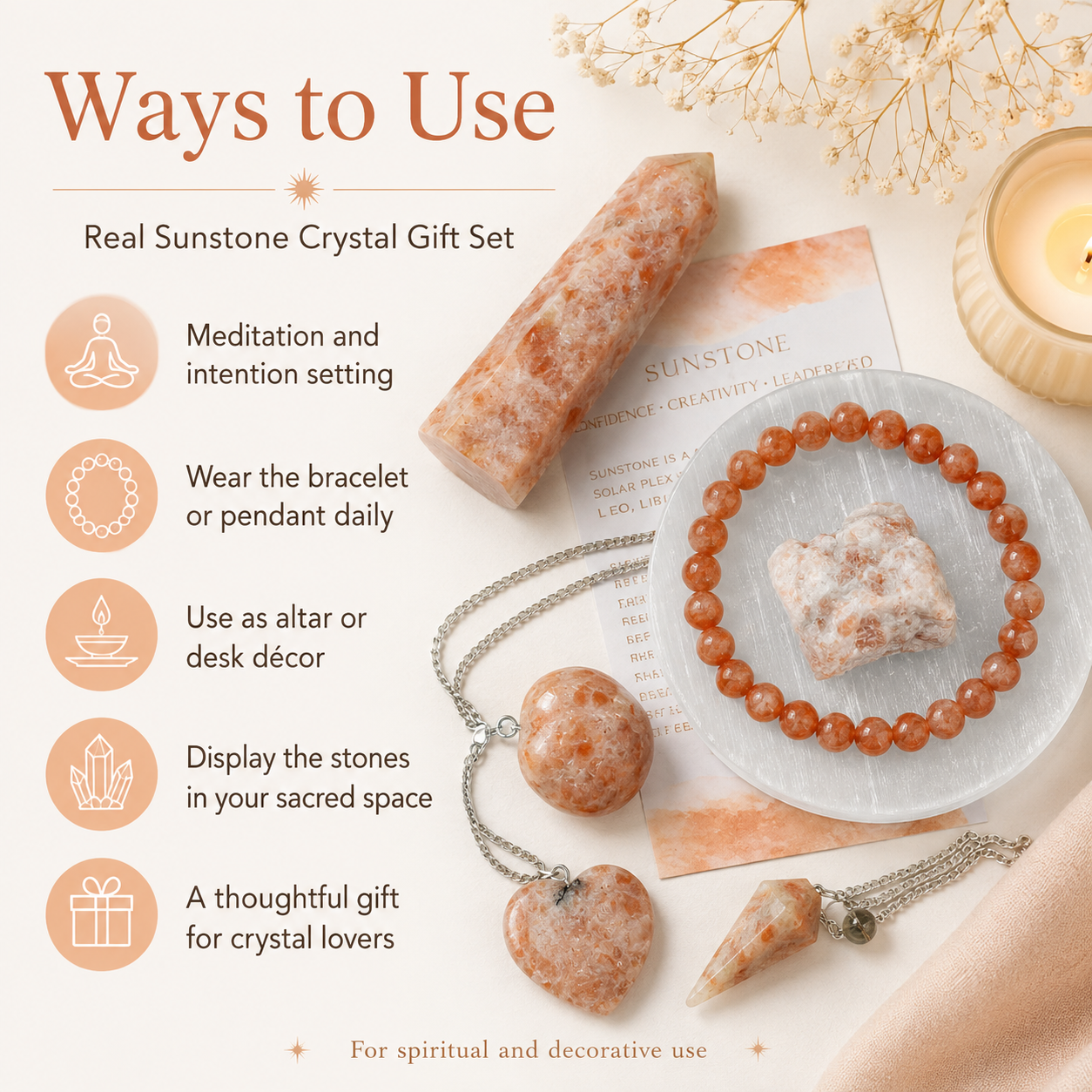 Sunstone Crystal Gift Set For Emotional Support and Protection, Real Polished Gemstones.  DestGlow
