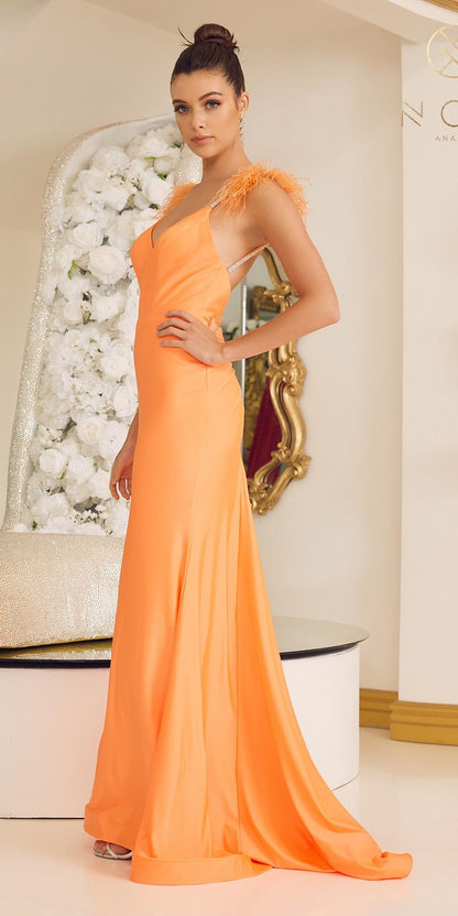 Nox Anabel T1138 Feather Shoulder Long Mermaid Gown by DiscountDressShop
