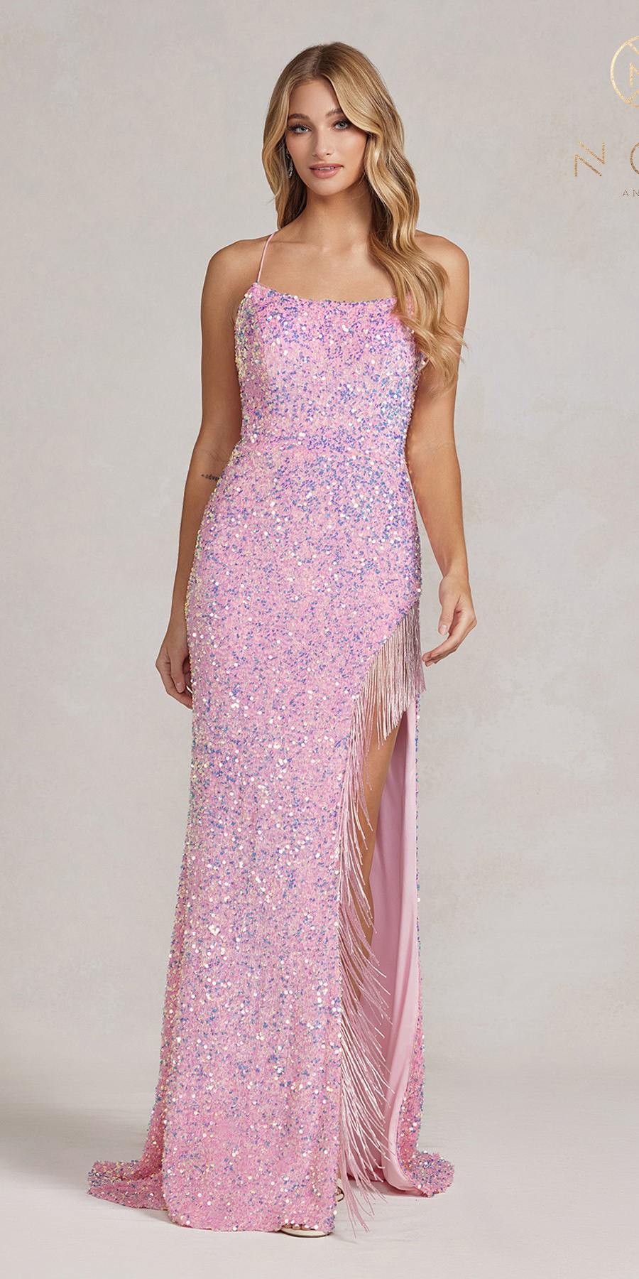 Nox Anabel T1209 Long Formal Sequin Gown with Fringe Leg Slit by DiscountDressShop