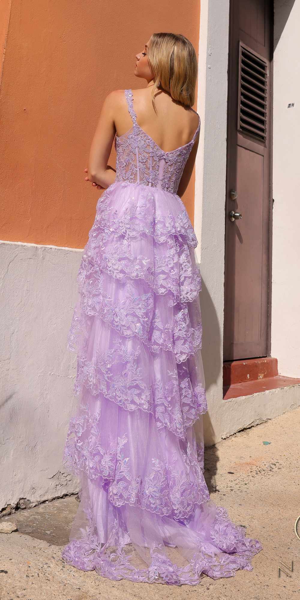 Nox Anabel T1335 Long A-Line Tiered Skirt Lace Applique Sweetheart Dress by DiscountDressShop
