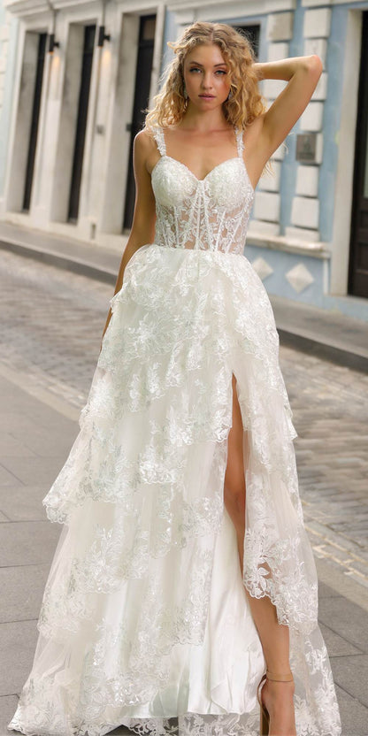 Nox Anabel T1335 Long A-Line Tiered Skirt Lace Applique Sweetheart Dress by DiscountDressShop
