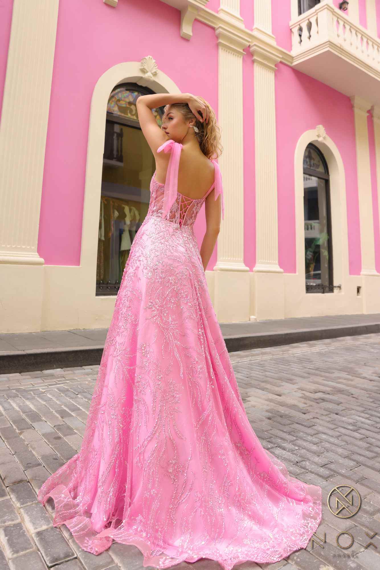 Nox Anabel T1336 Long A-Line Glitter Sequin Applique Corset Ball Gown by DiscountDressShop