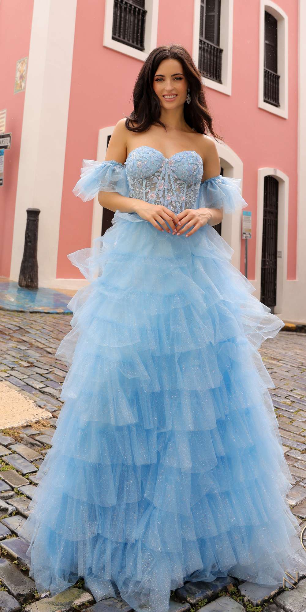 Nox Anabel T1338 Long Ruffled Tiered Skirt A-Line Ball Gown Arm Cuffs by DiscountDressShop