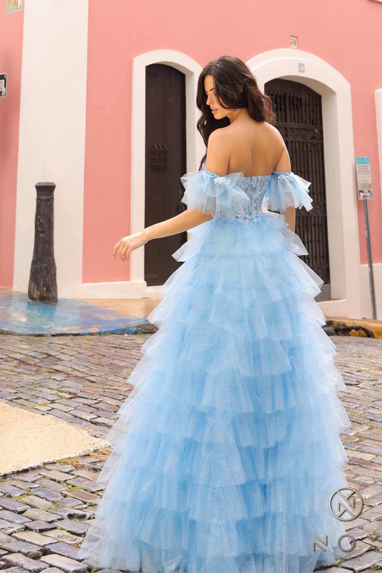 Nox Anabel T1338 Long Ruffled Tiered Skirt A-Line Ball Gown Arm Cuffs by DiscountDressShop