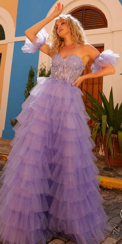 Nox Anabel T1338 Long Ruffled Tiered Skirt A-Line Ball Gown Arm Cuffs by DiscountDressShop