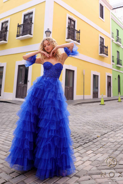 Nox Anabel T1338 Long Ruffled Tiered Skirt A-Line Ball Gown Arm Cuffs by DiscountDressShop