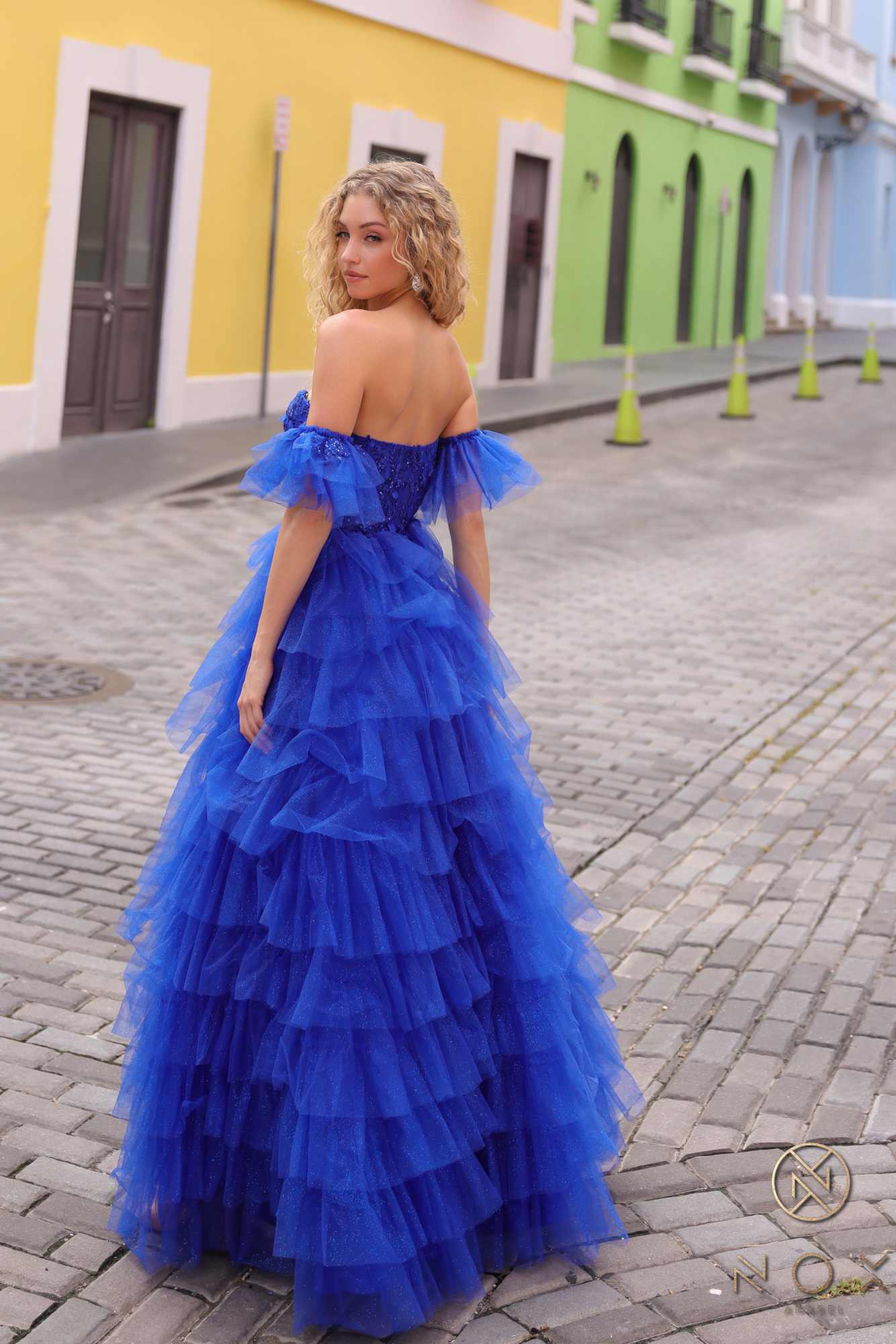 Nox Anabel T1338 Long Ruffled Tiered Skirt A-Line Ball Gown Arm Cuffs by DiscountDressShop