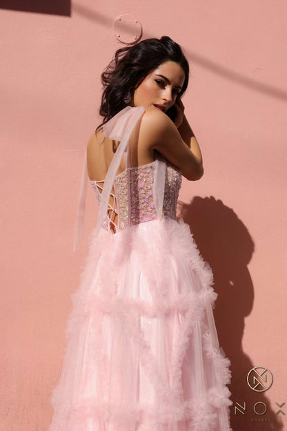 Nox Anabel T1340 Long Ruffled Skirt Boned Bustier Ribbon Strap A-Line Gown by DiscountDressShop