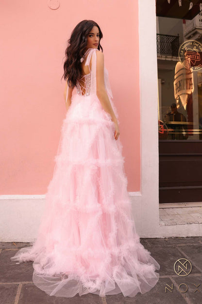 Nox Anabel T1340 Long Ruffled Skirt Boned Bustier Ribbon Strap A-Line Gown by DiscountDressShop