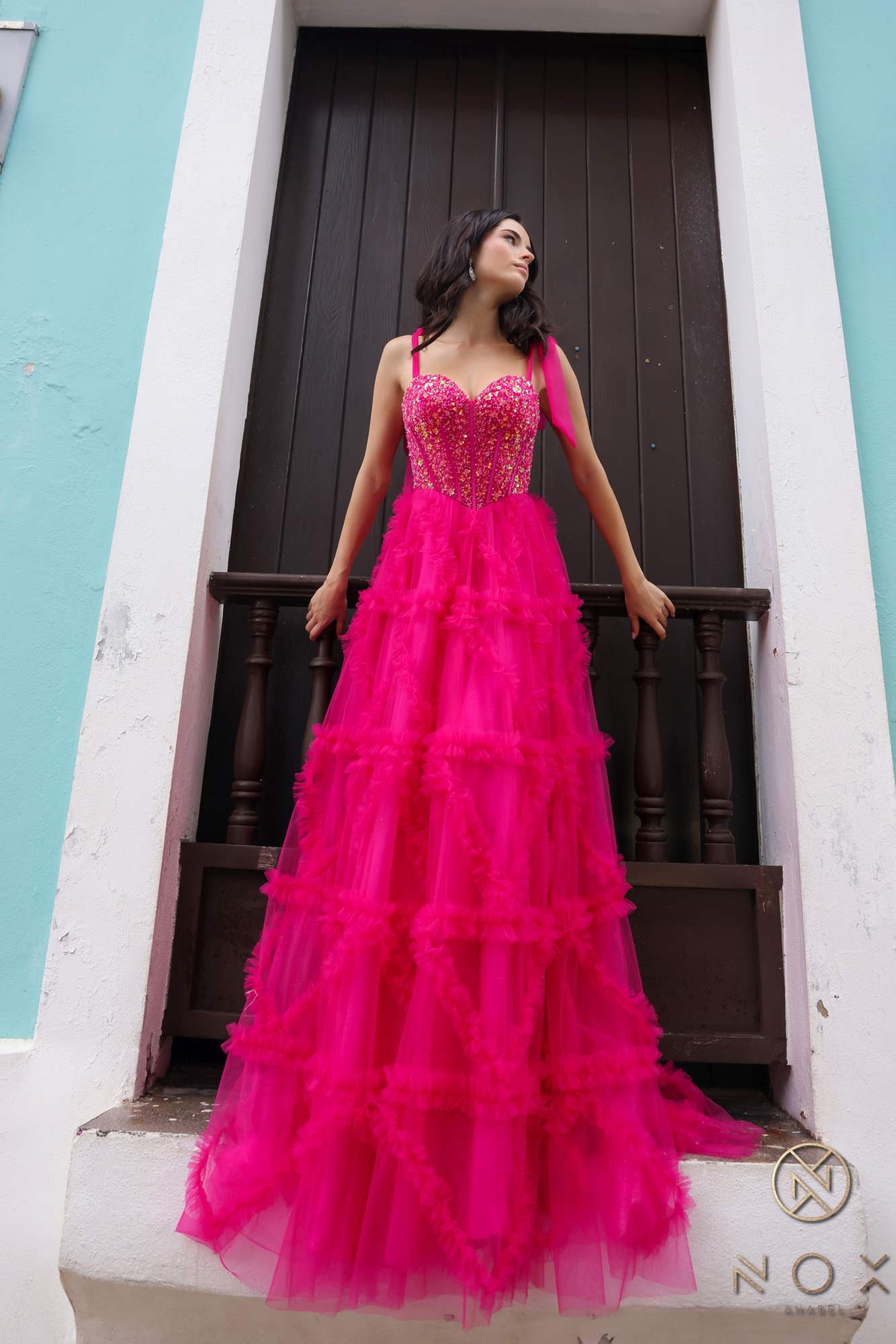 Nox Anabel T1340 Long Ruffled Skirt Boned Bustier Ribbon Strap A-Line Gown by DiscountDressShop