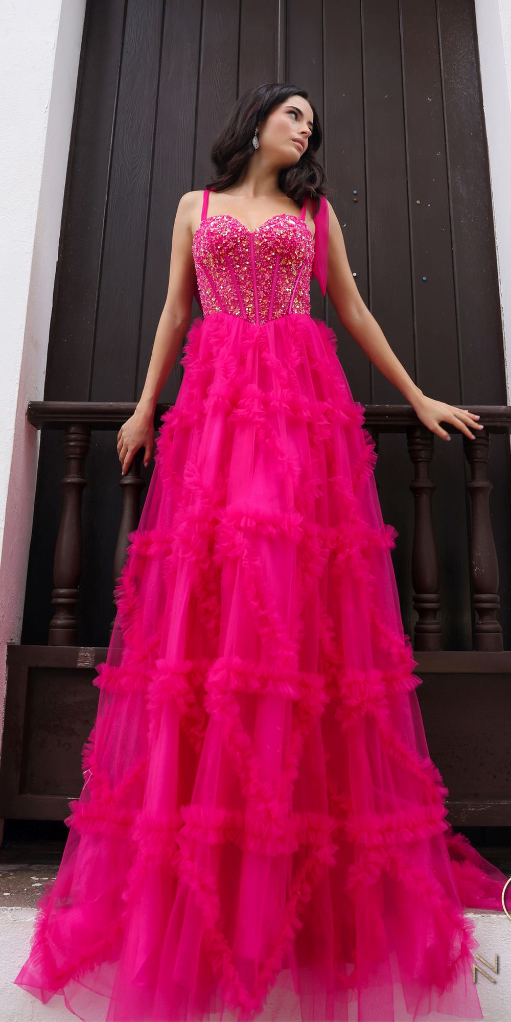 Nox Anabel T1340 Long Ruffled Skirt Boned Bustier Ribbon Strap A-Line Gown by DiscountDressShop