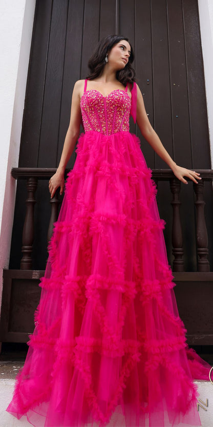 Nox Anabel T1340 Long Ruffled Skirt Boned Bustier Ribbon Strap A-Line Gown by DiscountDressShop