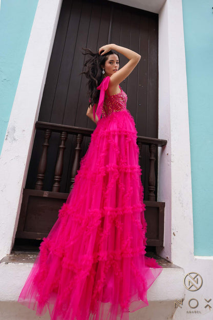 Nox Anabel T1340 Long Ruffled Skirt Boned Bustier Ribbon Strap A-Line Gown by DiscountDressShop