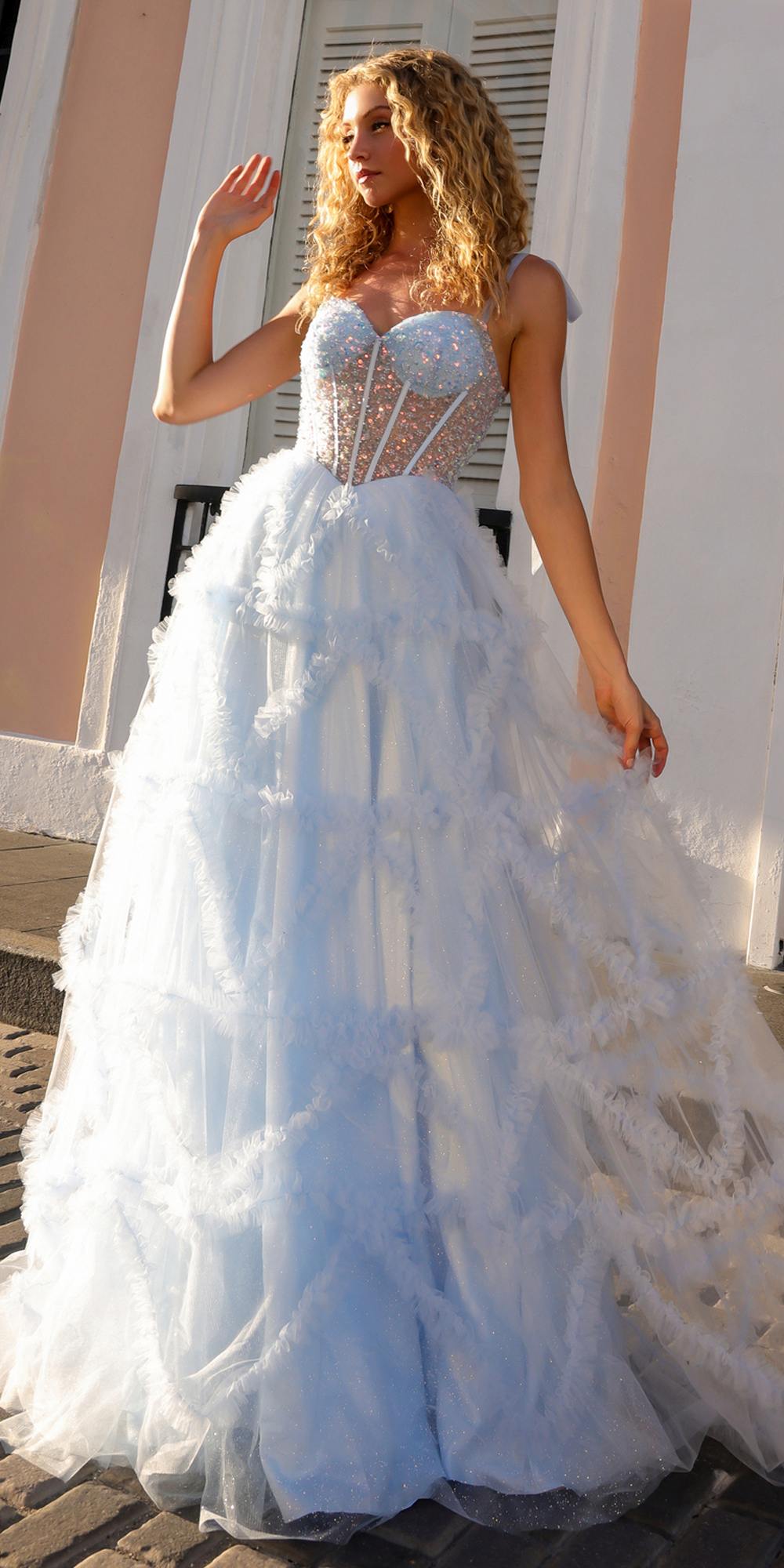 Nox Anabel T1340 Long Ruffled Skirt Boned Bustier Ribbon Strap A-Line Gown by DiscountDressShop