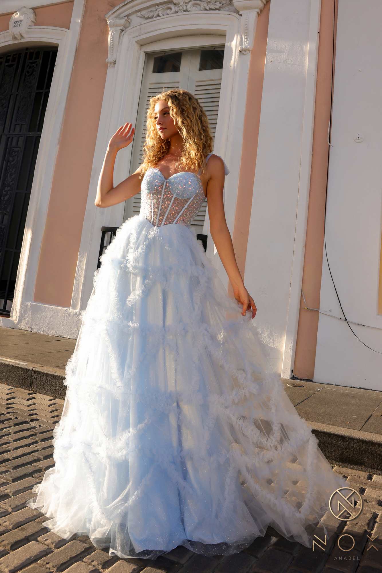 Nox Anabel T1340 Long Ruffled Skirt Boned Bustier Ribbon Strap A-Line Gown by DiscountDressShop