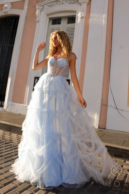 Nox Anabel T1340 Long Ruffled Skirt Boned Bustier Ribbon Strap A-Line Gown by DiscountDressShop