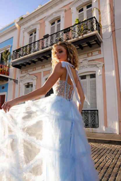Nox Anabel T1340 Long Ruffled Skirt Boned Bustier Ribbon Strap A-Line Gown by DiscountDressShop