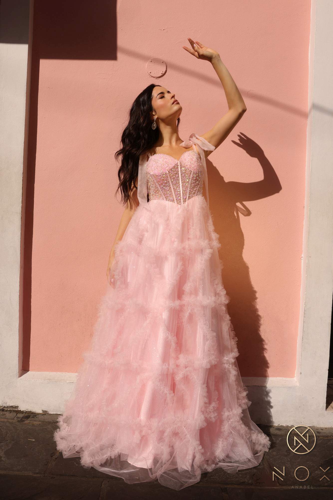 Nox Anabel T1340 Long Ruffled Skirt Boned Bustier Ribbon Strap A-Line Gown by DiscountDressShop