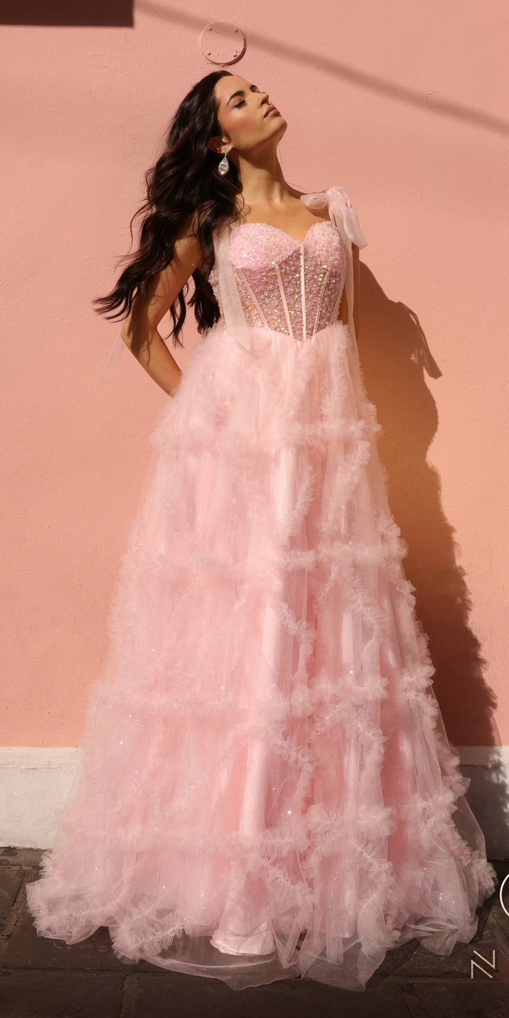 Nox Anabel T1340 Long Ruffled Skirt Boned Bustier Ribbon Strap A-Line Gown by DiscountDressShop