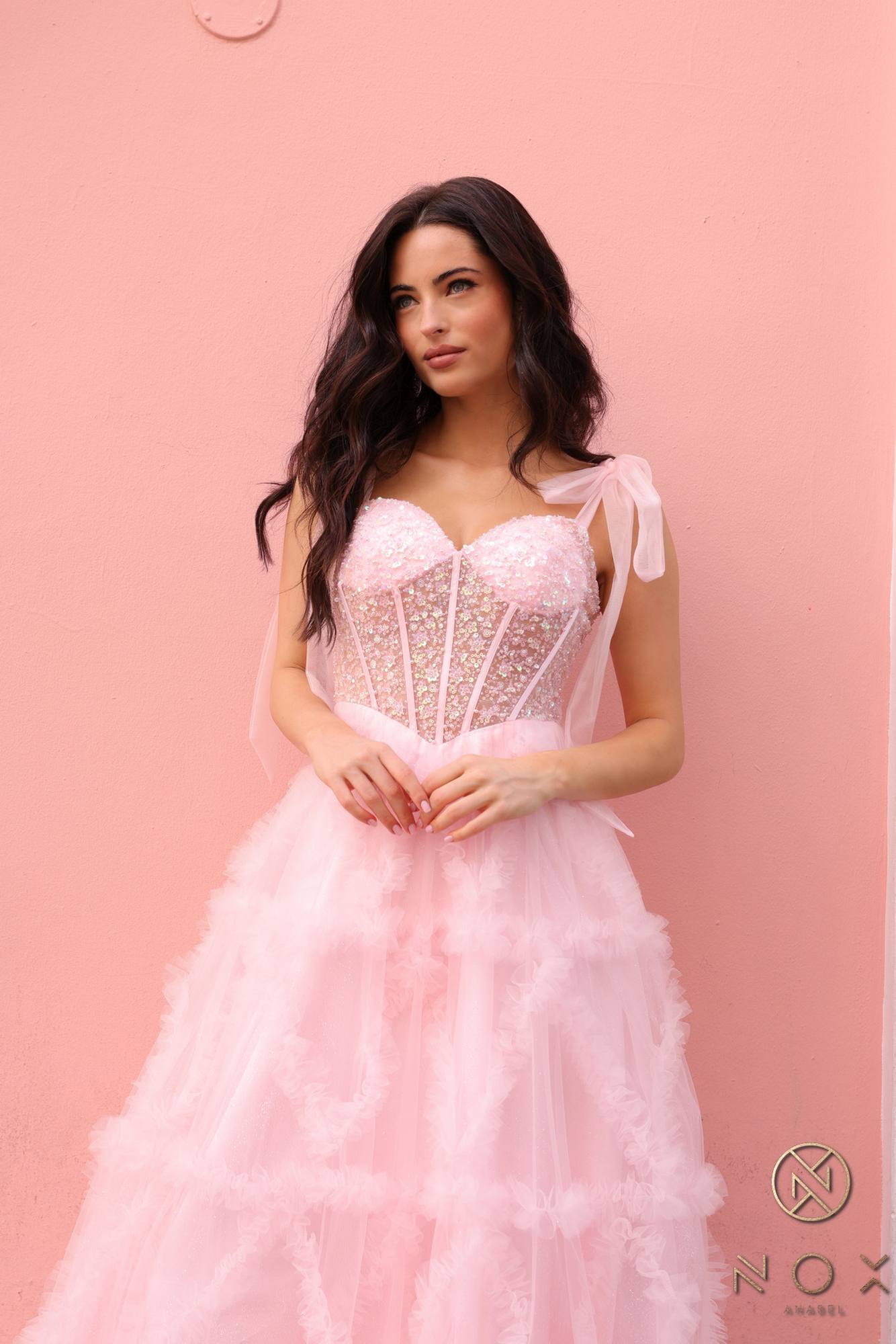 Nox Anabel T1340 Long Ruffled Skirt Boned Bustier Ribbon Strap A-Line Gown by DiscountDressShop