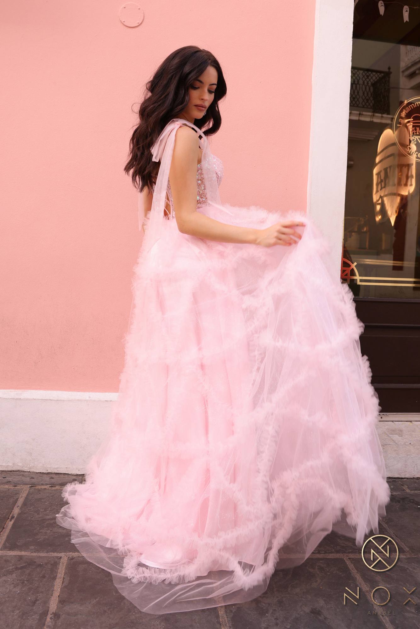 Nox Anabel T1340 Long Ruffled Skirt Boned Bustier Ribbon Strap A-Line Gown by DiscountDressShop