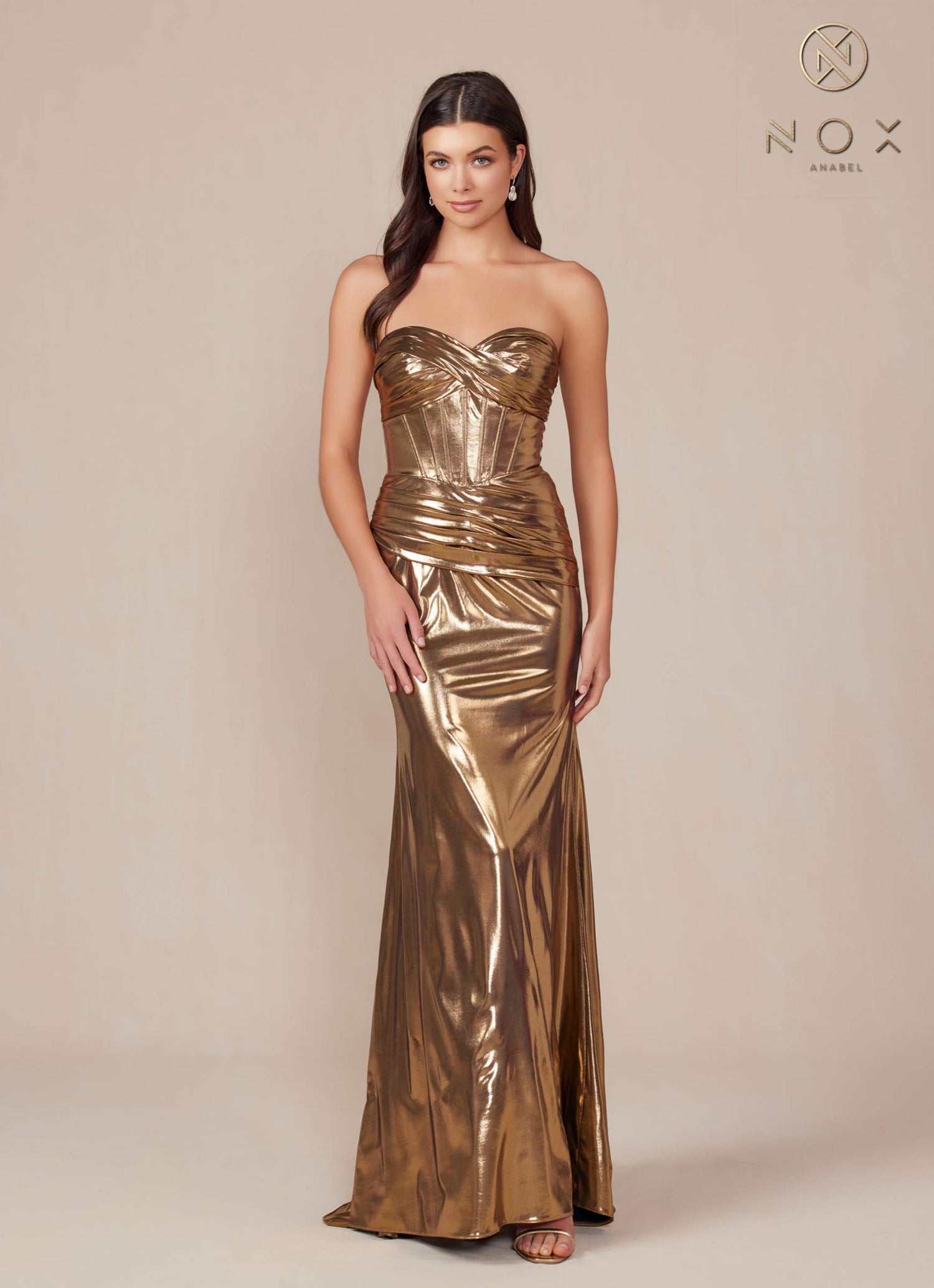 Nox Anabel T1499 Dress Strapless Metallic Satin Fitted Gown by DiscountDressShop