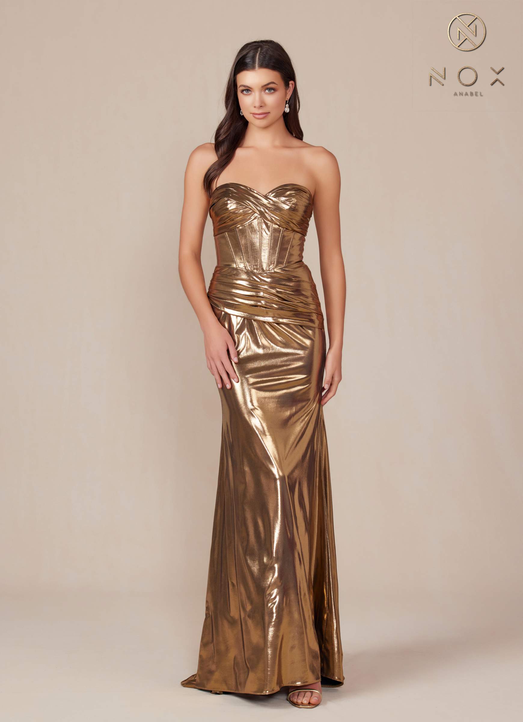 Nox Anabel T1499 Dress Strapless Metallic Satin Fitted Gown by DiscountDressShop