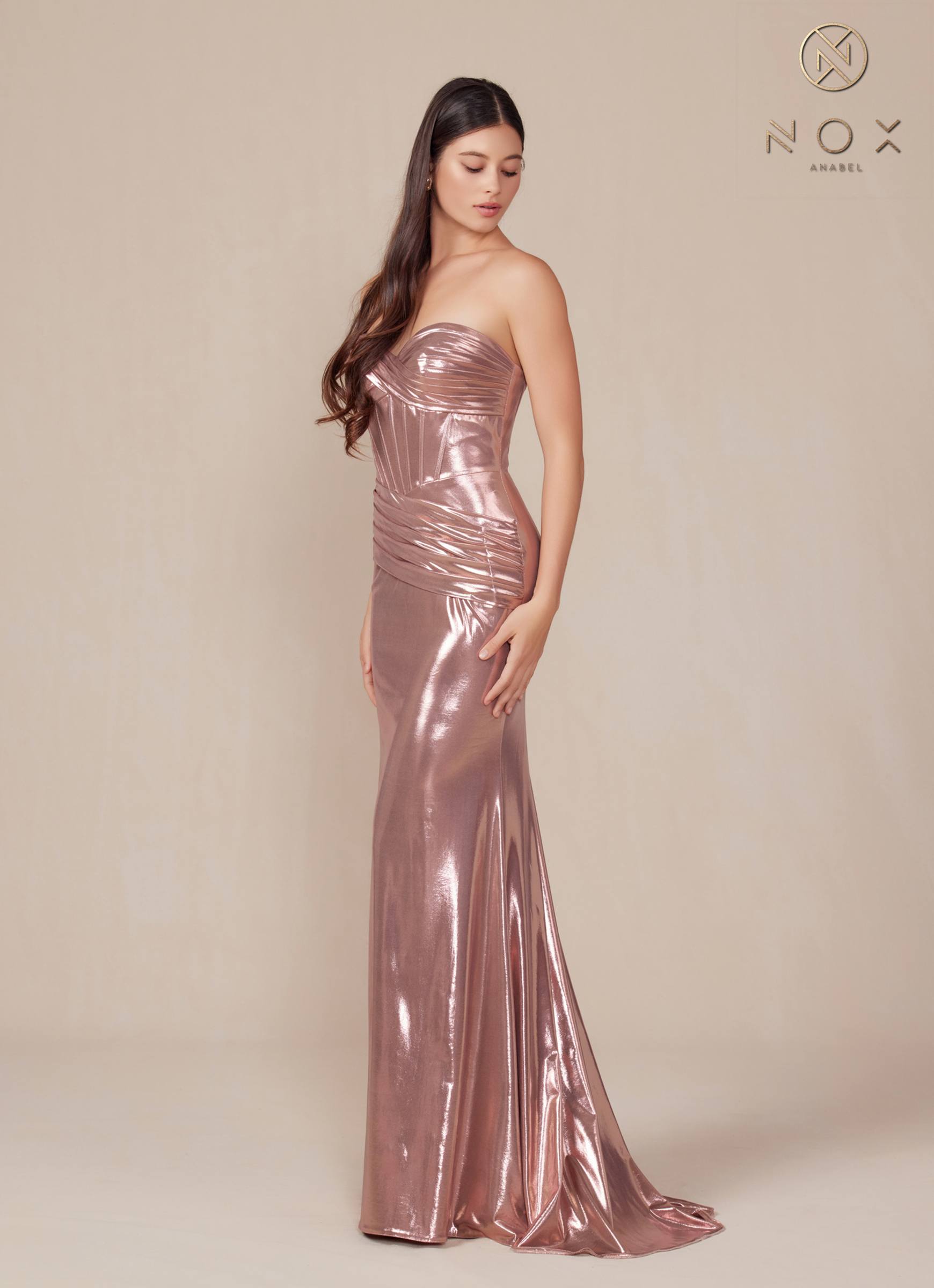 Nox Anabel T1499 Dress Strapless Metallic Satin Fitted Gown by DiscountDressShop