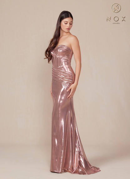 Nox Anabel T1499 Dress Strapless Metallic Satin Fitted Gown by DiscountDressShop