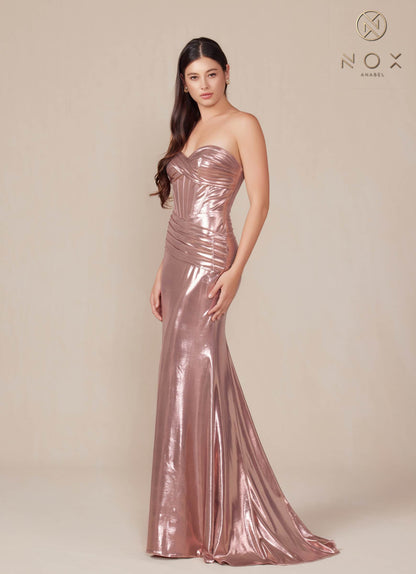Nox Anabel T1499 Dress Strapless Metallic Satin Fitted Gown by DiscountDressShop