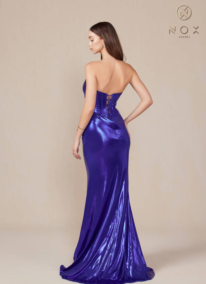 Nox Anabel T1499 Dress Strapless Metallic Satin Fitted Gown by DiscountDressShop