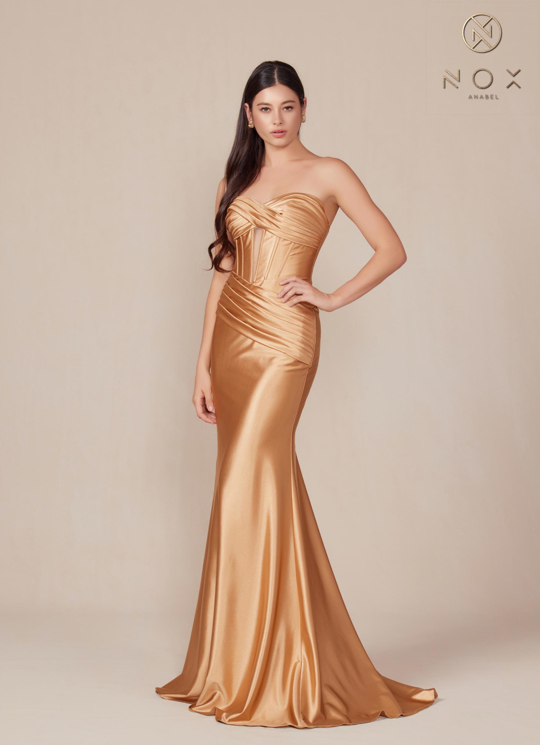 Nox Anabel T1500 Dress Satin Strapless Floor Length Keyhole Bodice by DiscountDressShop
