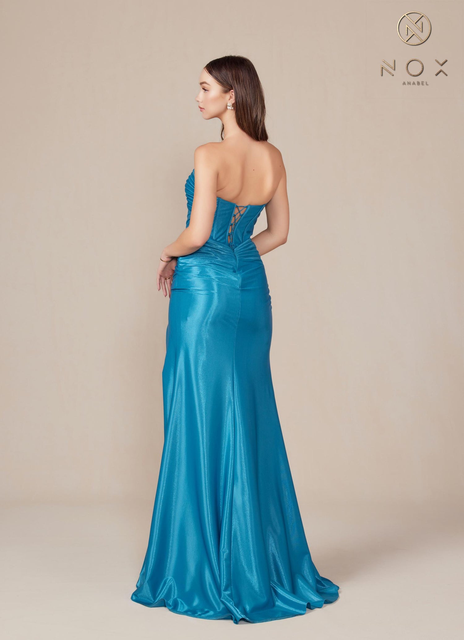 Nox Anabel T1500 Dress Satin Strapless Floor Length Keyhole Bodice by DiscountDressShop