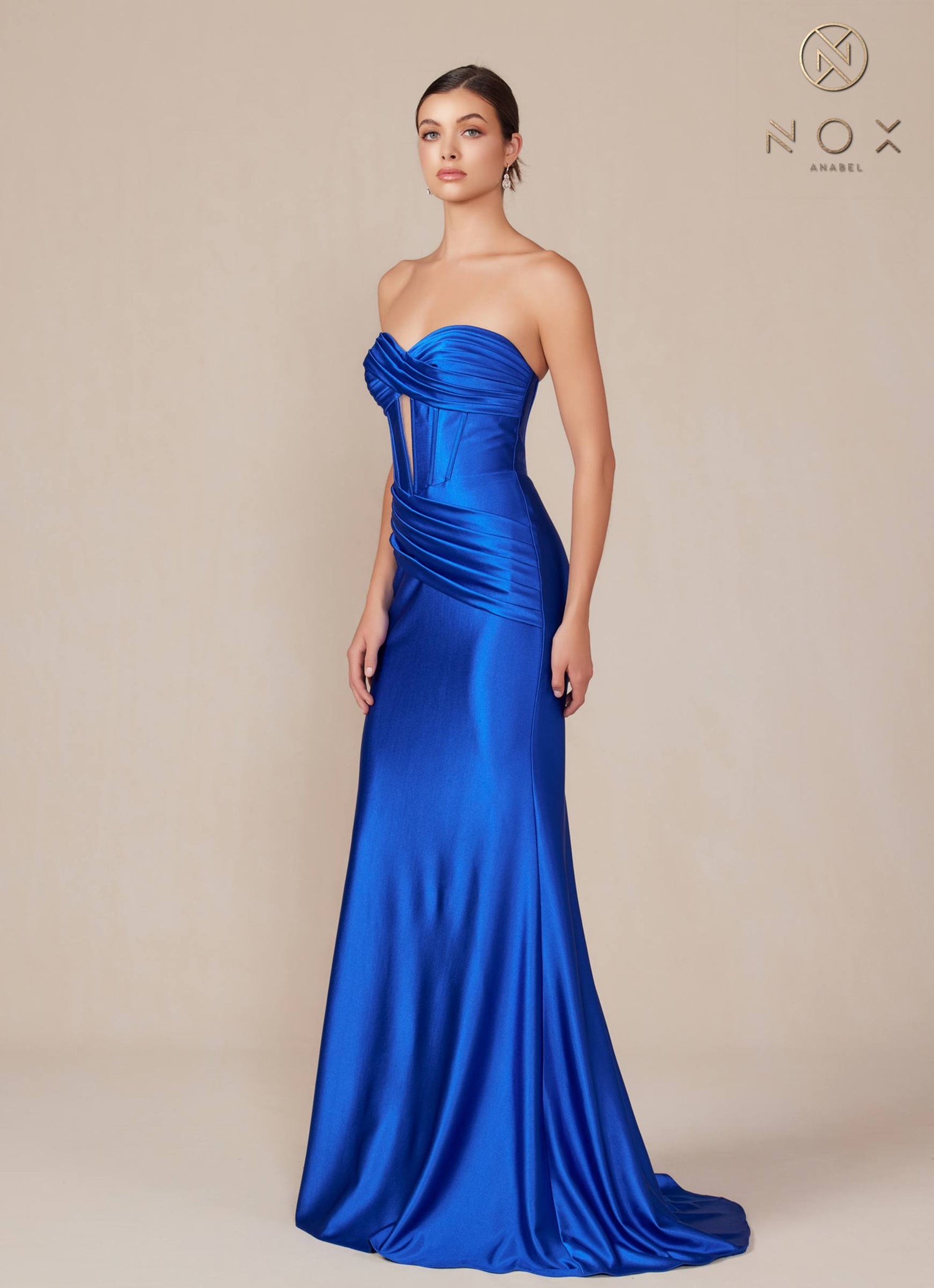 Nox Anabel T1500 Dress Satin Strapless Floor Length Keyhole Bodice by DiscountDressShop