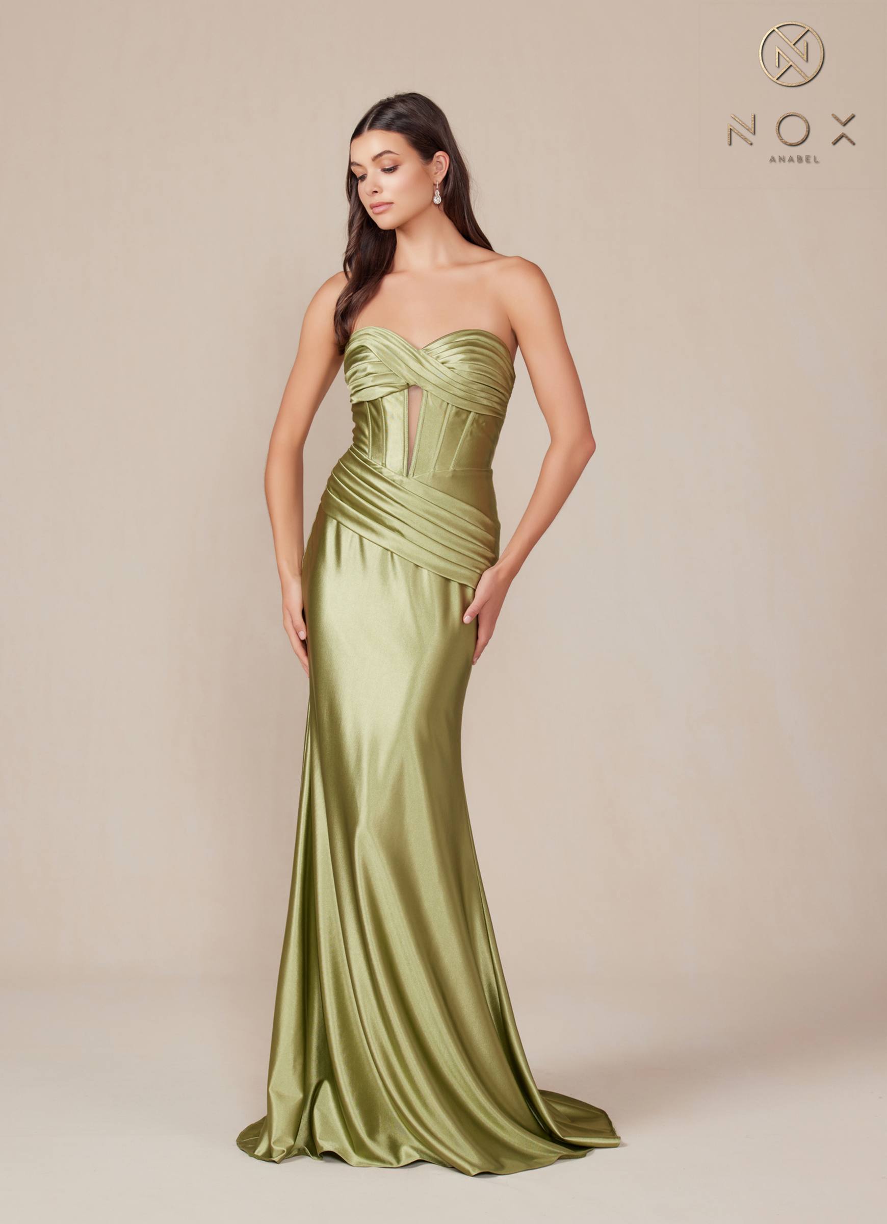 Nox Anabel T1500 Dress Satin Strapless Floor Length Keyhole Bodice by DiscountDressShop