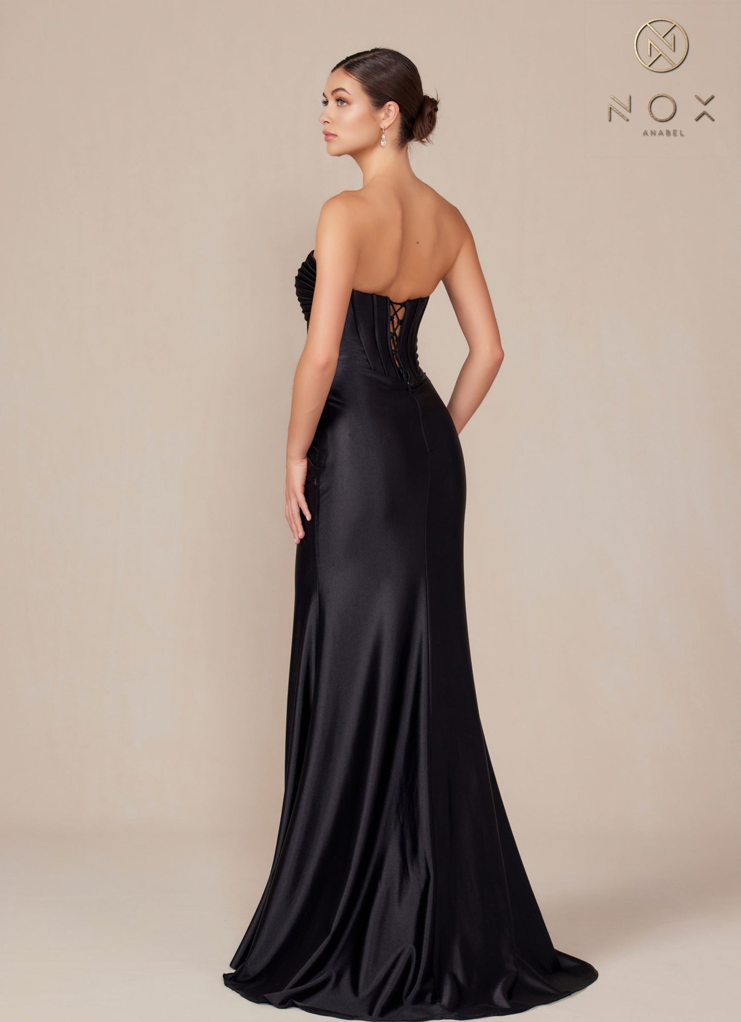 Nox Anabel T1500 Dress Satin Strapless Floor Length Keyhole Bodice by DiscountDressShop