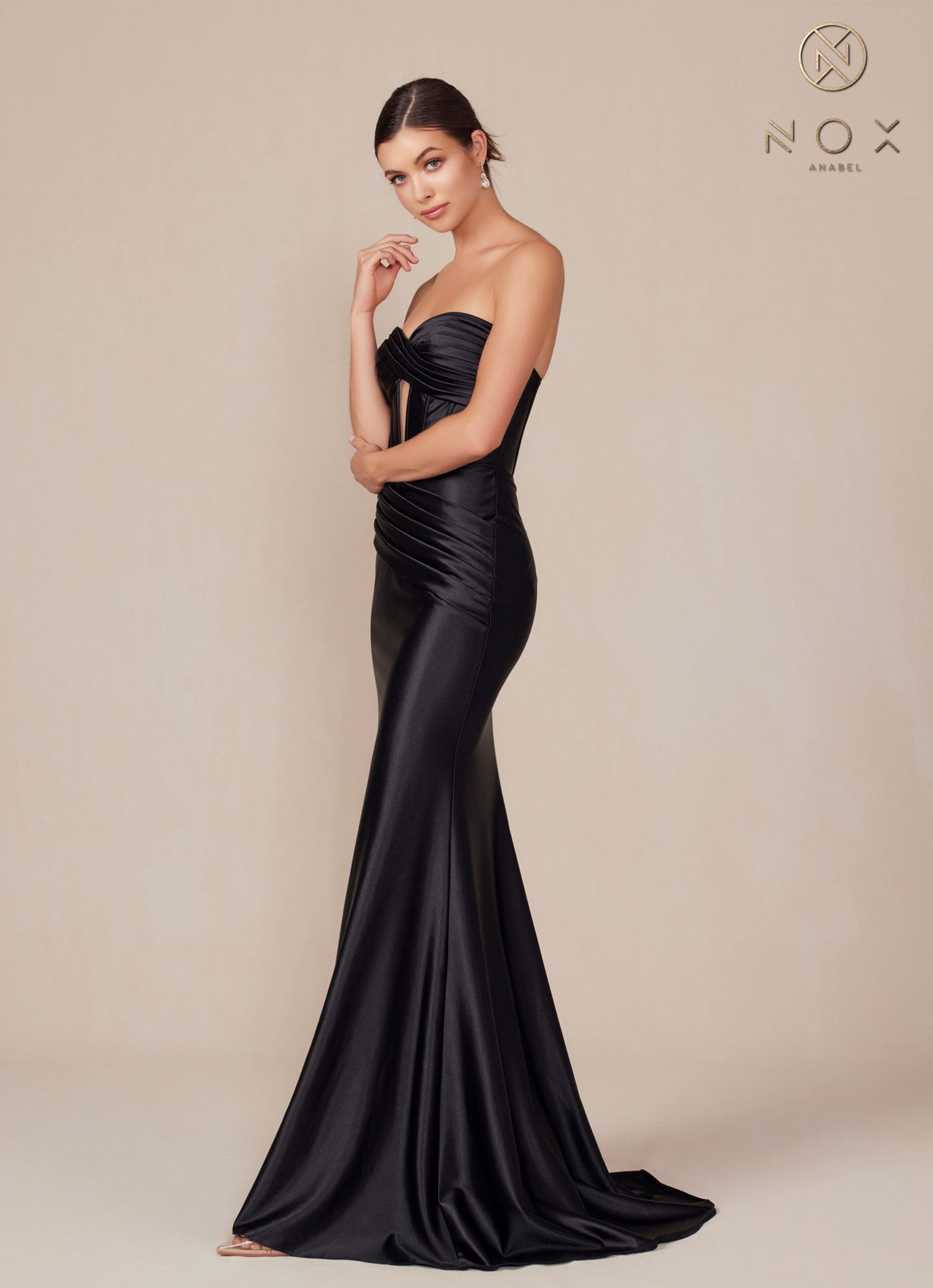 Nox Anabel T1500 Dress Satin Strapless Floor Length Keyhole Bodice by DiscountDressShop