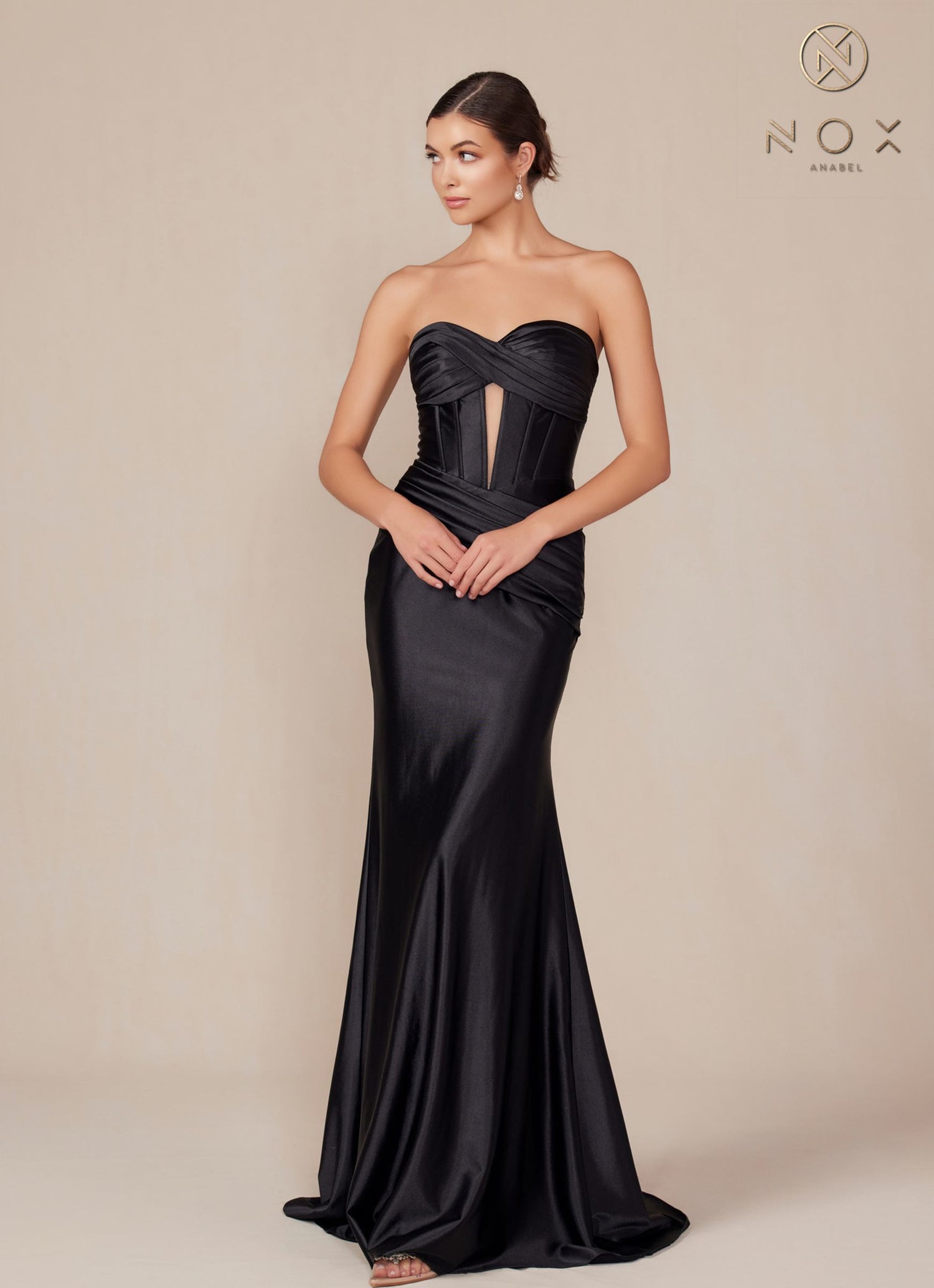 Nox Anabel T1500 Dress Satin Strapless Floor Length Keyhole Bodice by DiscountDressShop