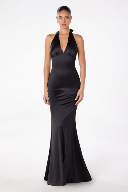 Astee T2001 Fitted Long V-Neckline Halter Top Evening Gown by DiscountDressShop