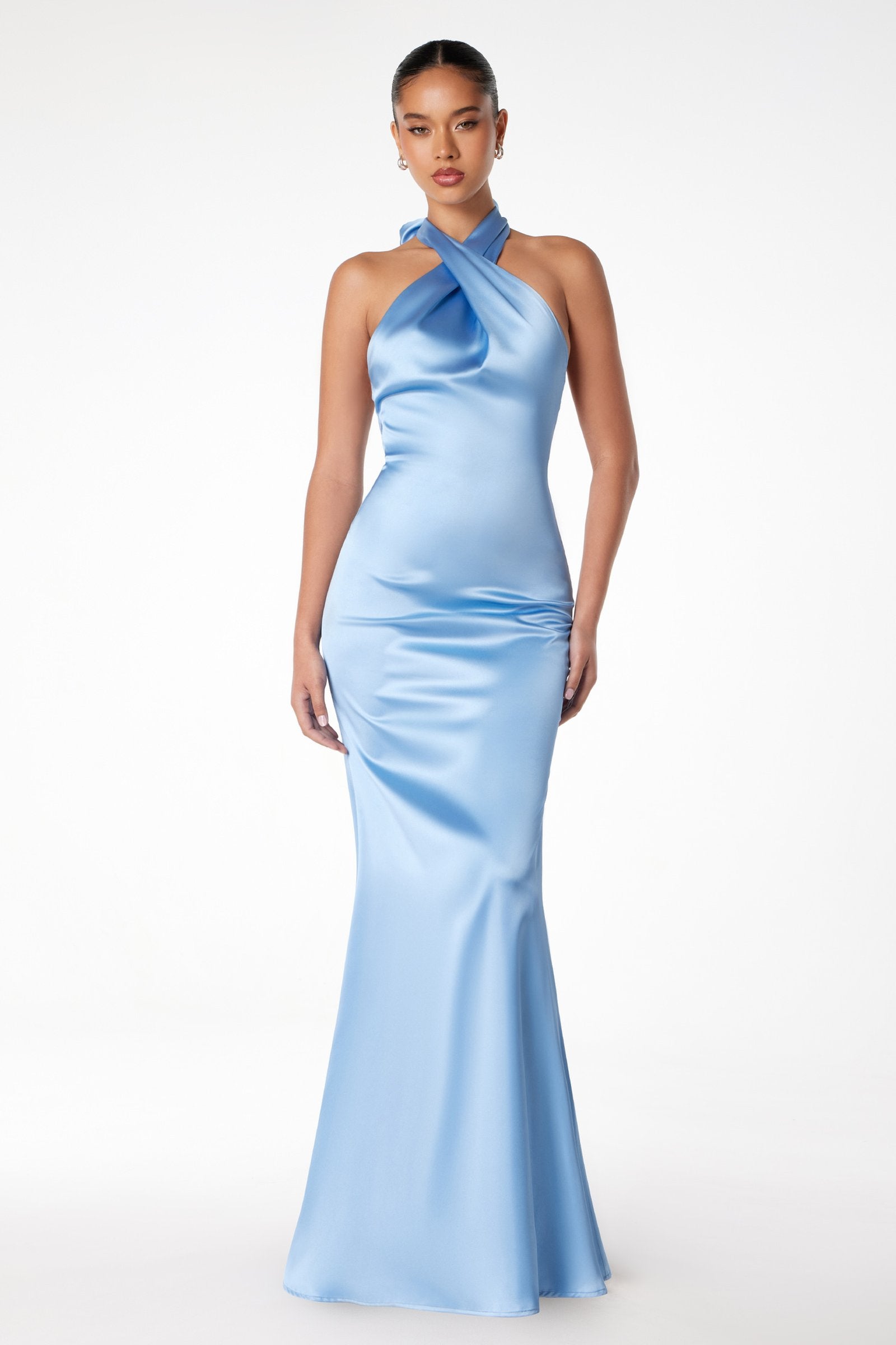 Astee T2005 Fitted Sleek Twisted Halter Top Satin Mermaid Gown by DiscountDressShop