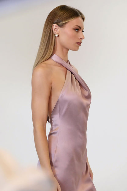 Astee T2005 Fitted Sleek Twisted Halter Top Satin Mermaid Gown by DiscountDressShop