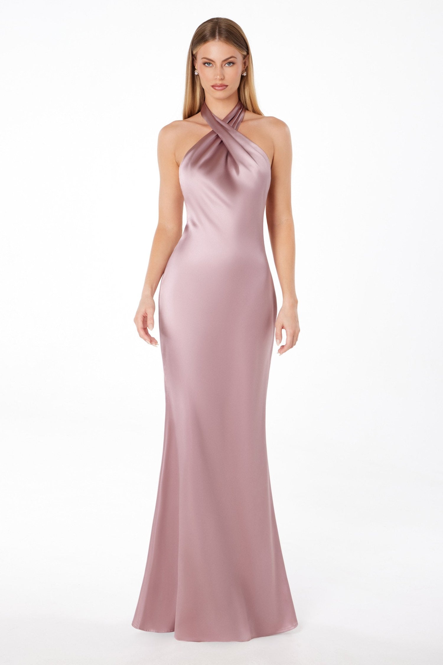 Astee T2005 Fitted Sleek Twisted Halter Top Satin Mermaid Gown by DiscountDressShop