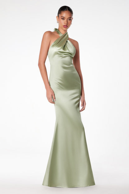 Astee T2005 Fitted Sleek Twisted Halter Top Satin Mermaid Gown by DiscountDressShop