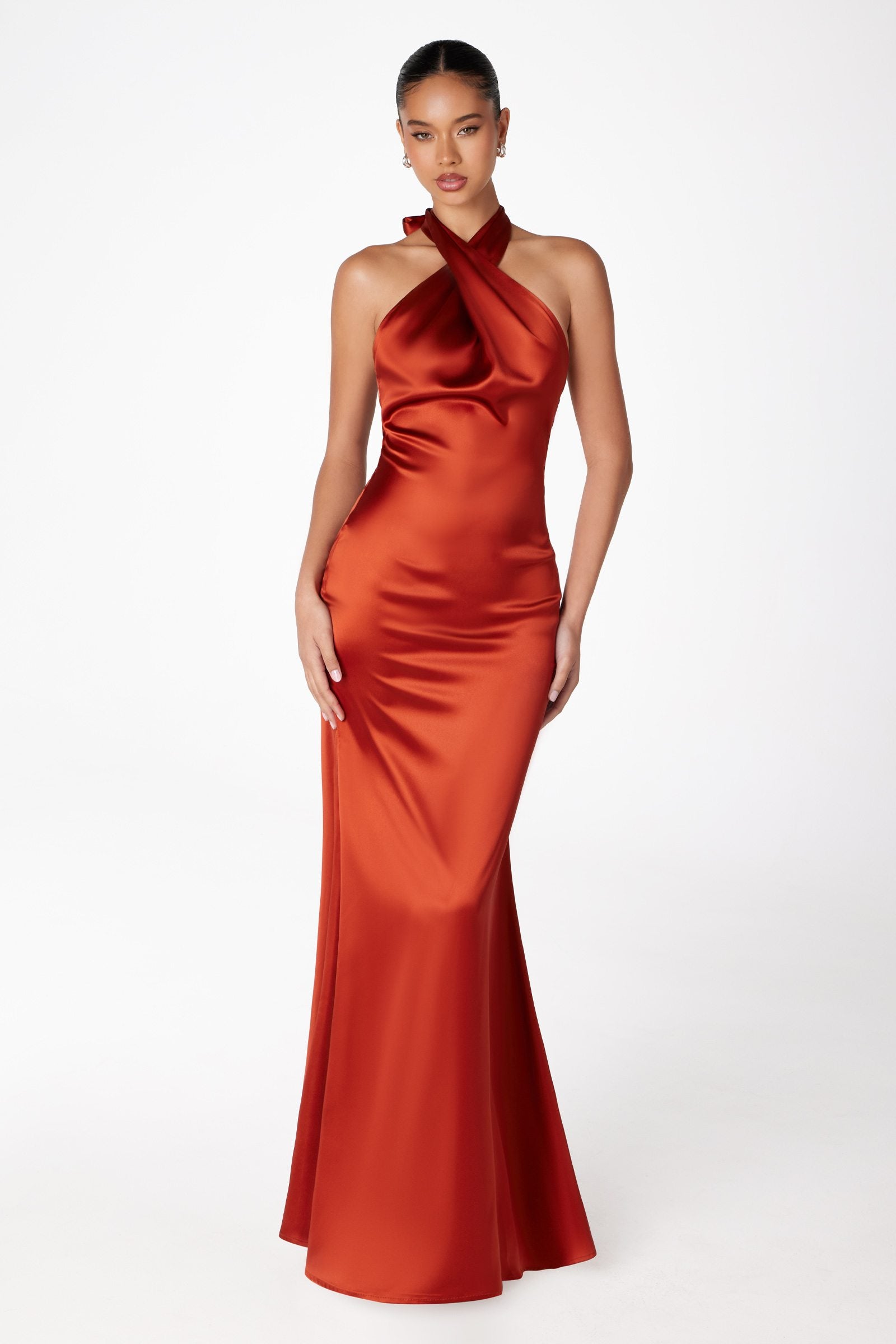 Astee T2005 Fitted Sleek Twisted Halter Top Satin Mermaid Gown by DiscountDressShop