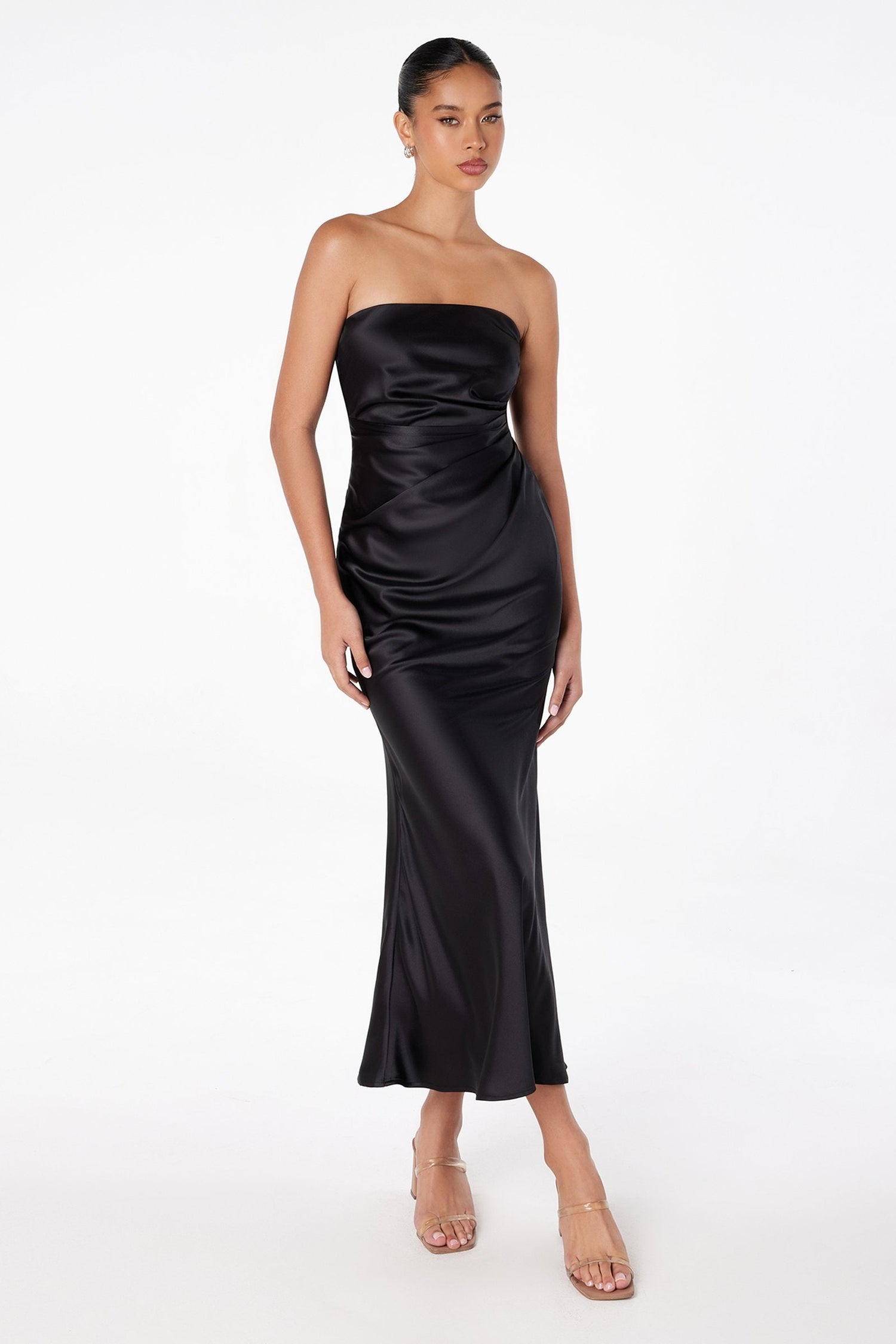 Astee T2006 Tea Length Satin Dress Cut Out Cowl-Like Back by DiscountDressShop