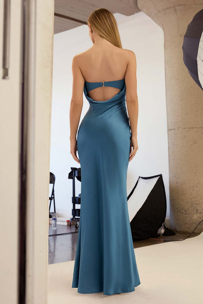 Astee T2006 Tea Length Satin Dress Cut Out Cowl-Like Back by DiscountDressShop