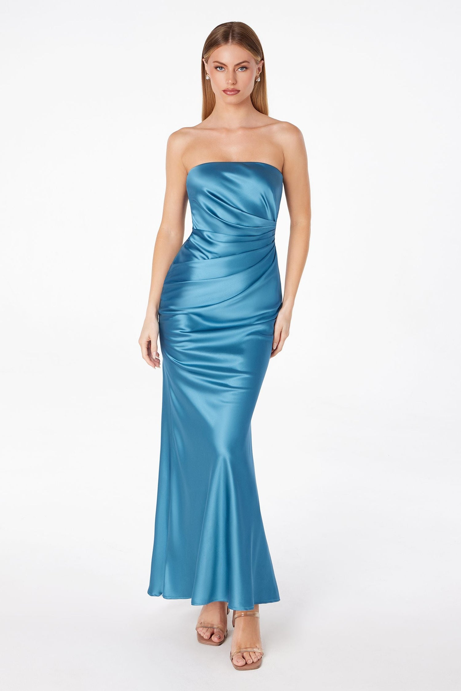 Astee T2006 Tea Length Satin Dress Cut Out Cowl-Like Back by DiscountDressShop