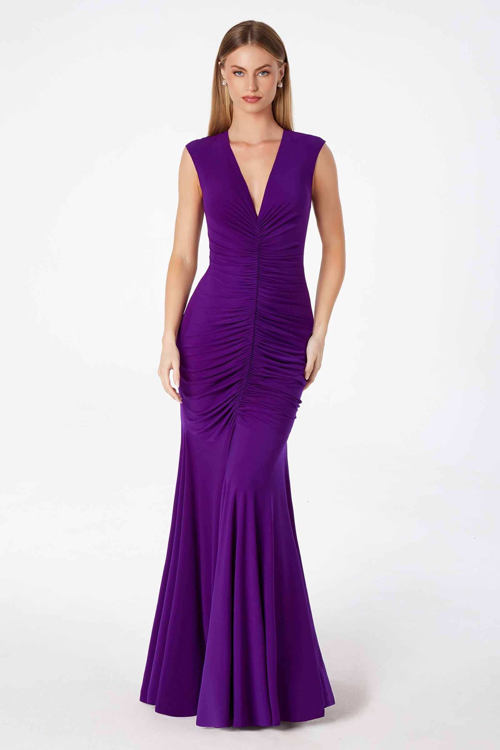 Astee T2009 Long V-Neckline Ruched Mermaid Gown by DiscountDressShop